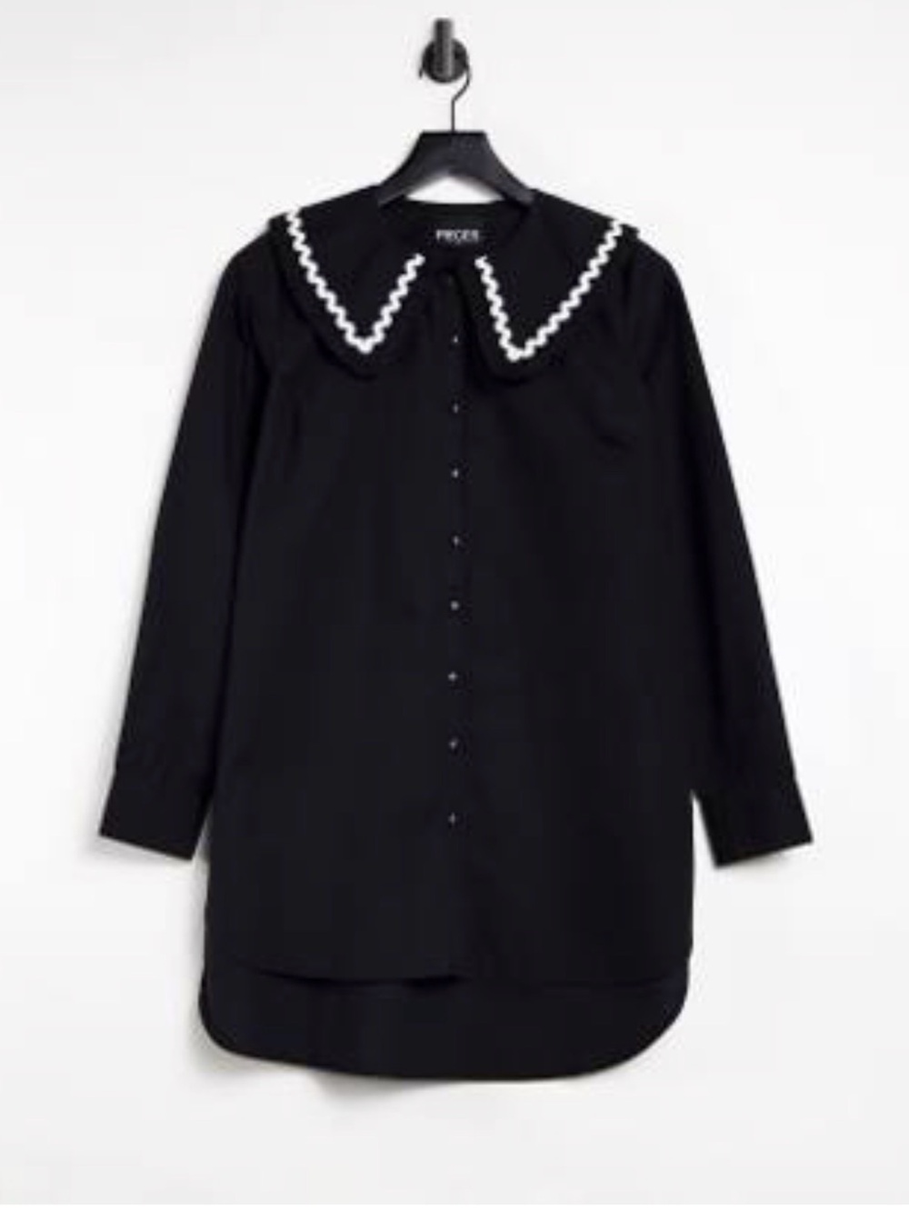 PIECES Black Button-Up Blouse with White Trim Large Collar. Size Medium